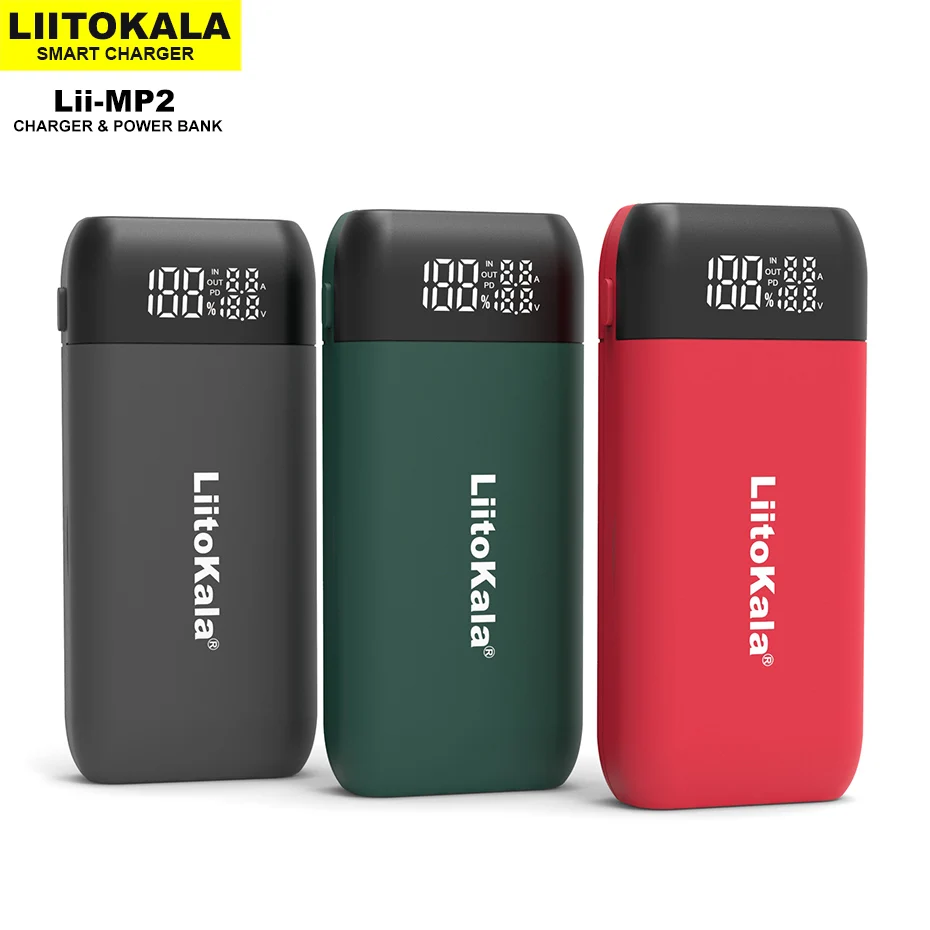 LiitoKala Lii-MP2 18650 21700 شاحن وبنك الطاقة QC3.0 الإدخال/الإخراج شاشة ديجيتال بطارية مزدوجة شحن سريع احتياطية امدادات الطاقة