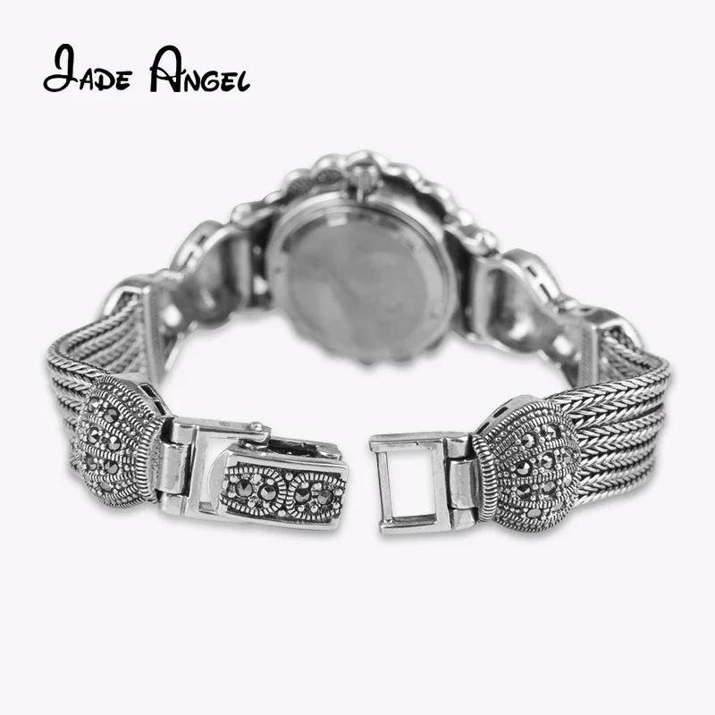 Jade Angel New 925 Sterling Silver Round Flower Design Wristwatch Vintage Marcasite Watch Bracelet for Women Luxury Jewelry Gift