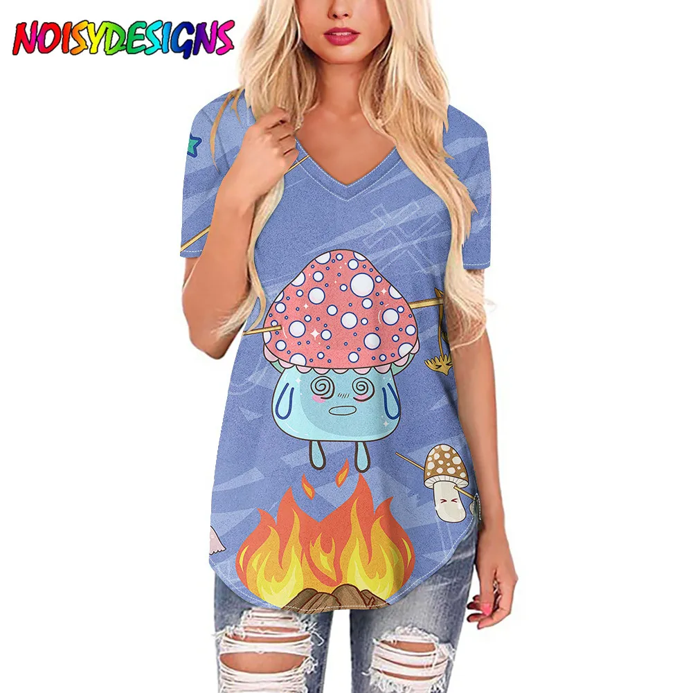 NOISYDESIGNS Harajuku Style Woman Tshirts Mushrooms Print Short Sleeve Black T-shirt Summer V-neck Tee Shirt Girls Tops Mujer