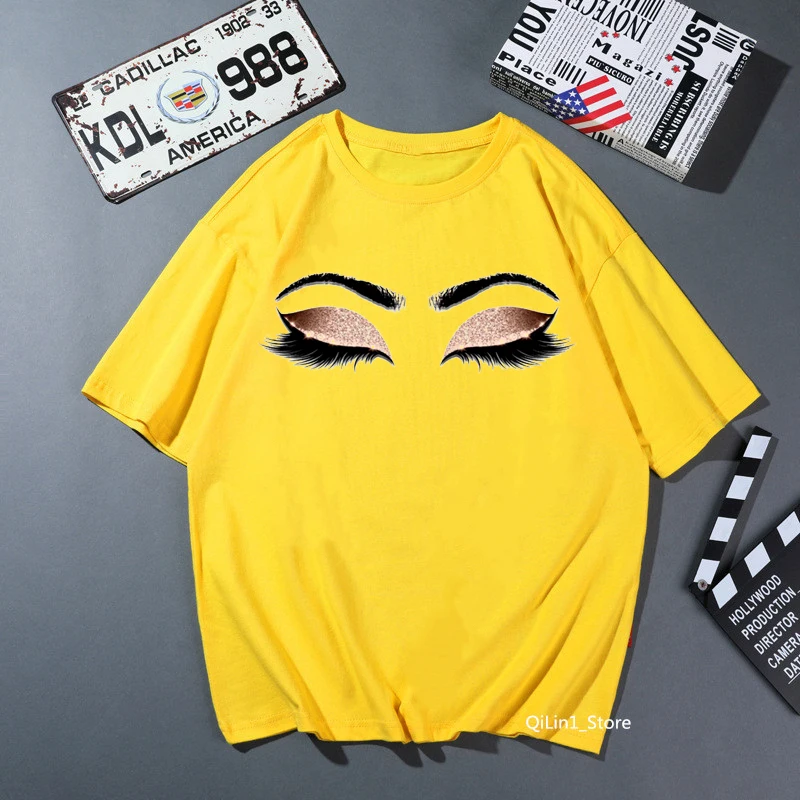 Princess Makeup Art Eyelashes Print T Shirt Women Clothes 2024 Pink Solid Tshirt Femme Harajuku Ulzzang Shirt Hip Hop Tops