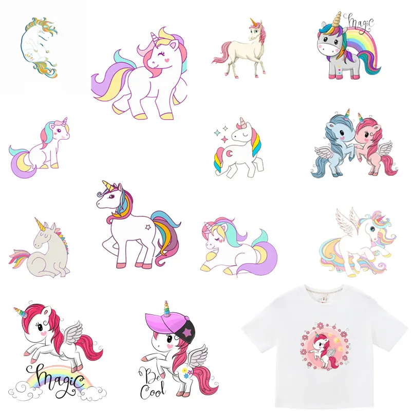 Cartoon Pony Unicorn Things Iron on Patches Heat Transfer for Stripe on Clothes Girl Dress T-shirt DIY Custom Magic Sticker E