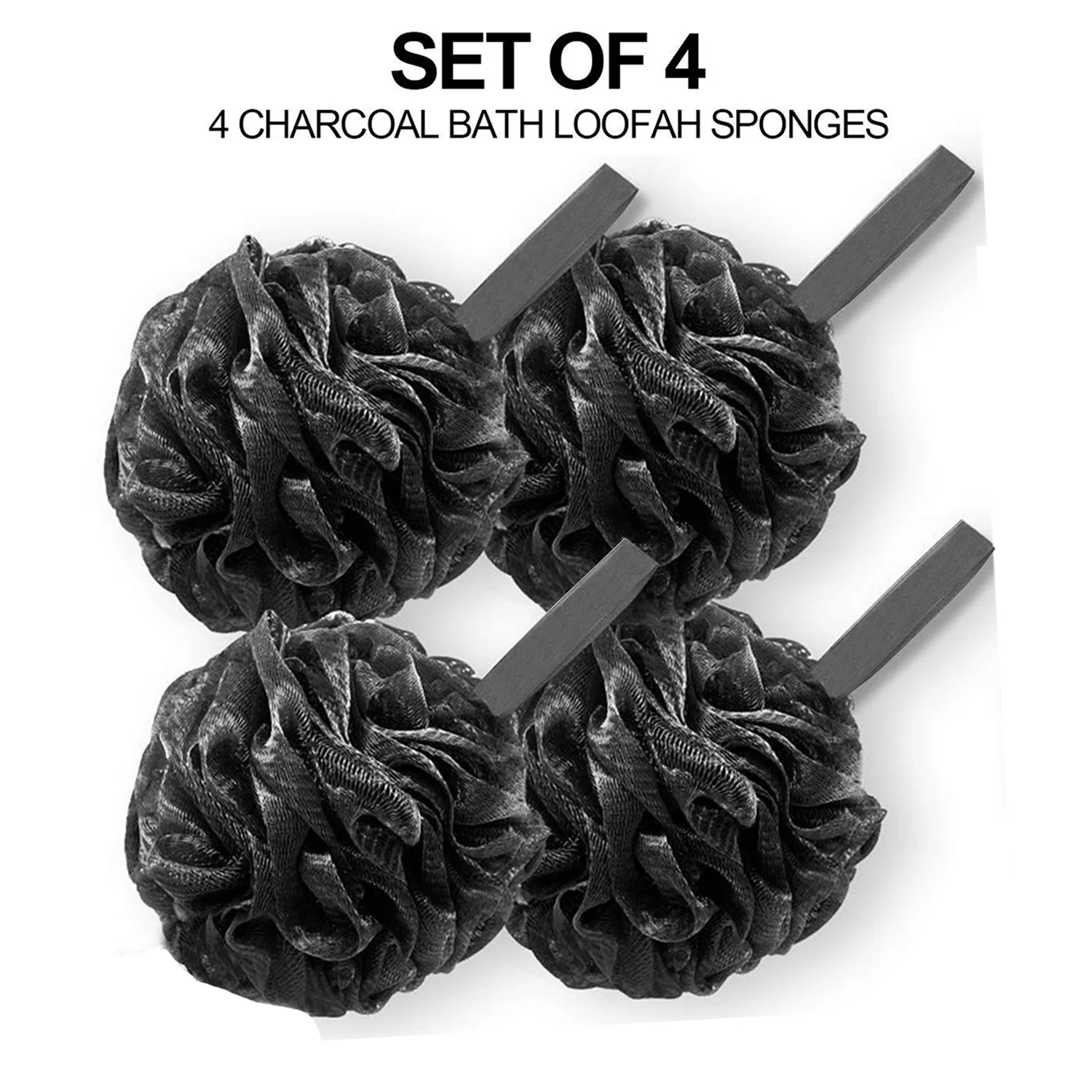 Shower Puff 4 Pack Black Bath Sponge Shower Loofahs Pouf Ball Nature Bamboo Charcoal Mesh Bulk, Shower Essential Skin Care