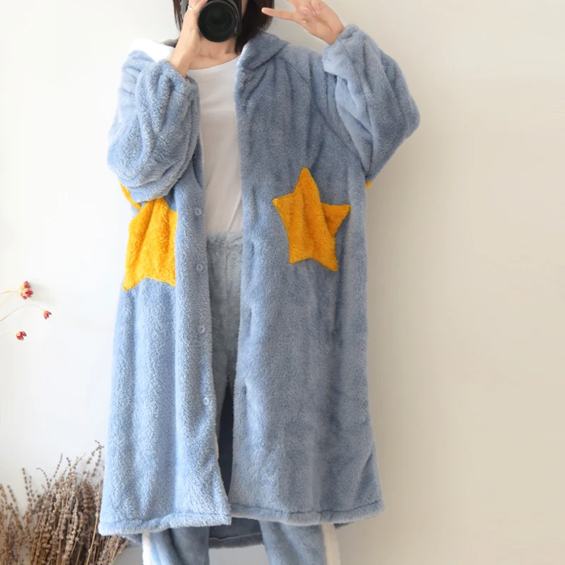 

Plus Size Loose Hooded Nightgown Long Coral Fleece Night Dress Women Velvet Winter Stars Nightdress Sleepwear Lovers Bathrobe