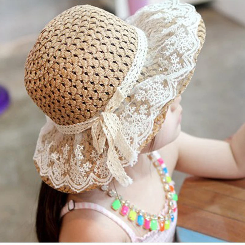 Parent-child Summer Women\'s Sun Hat Bucket cap beige lace Bowknot Flowers Ribbon Flat top Straw Hats Beach Caps Panama seaside