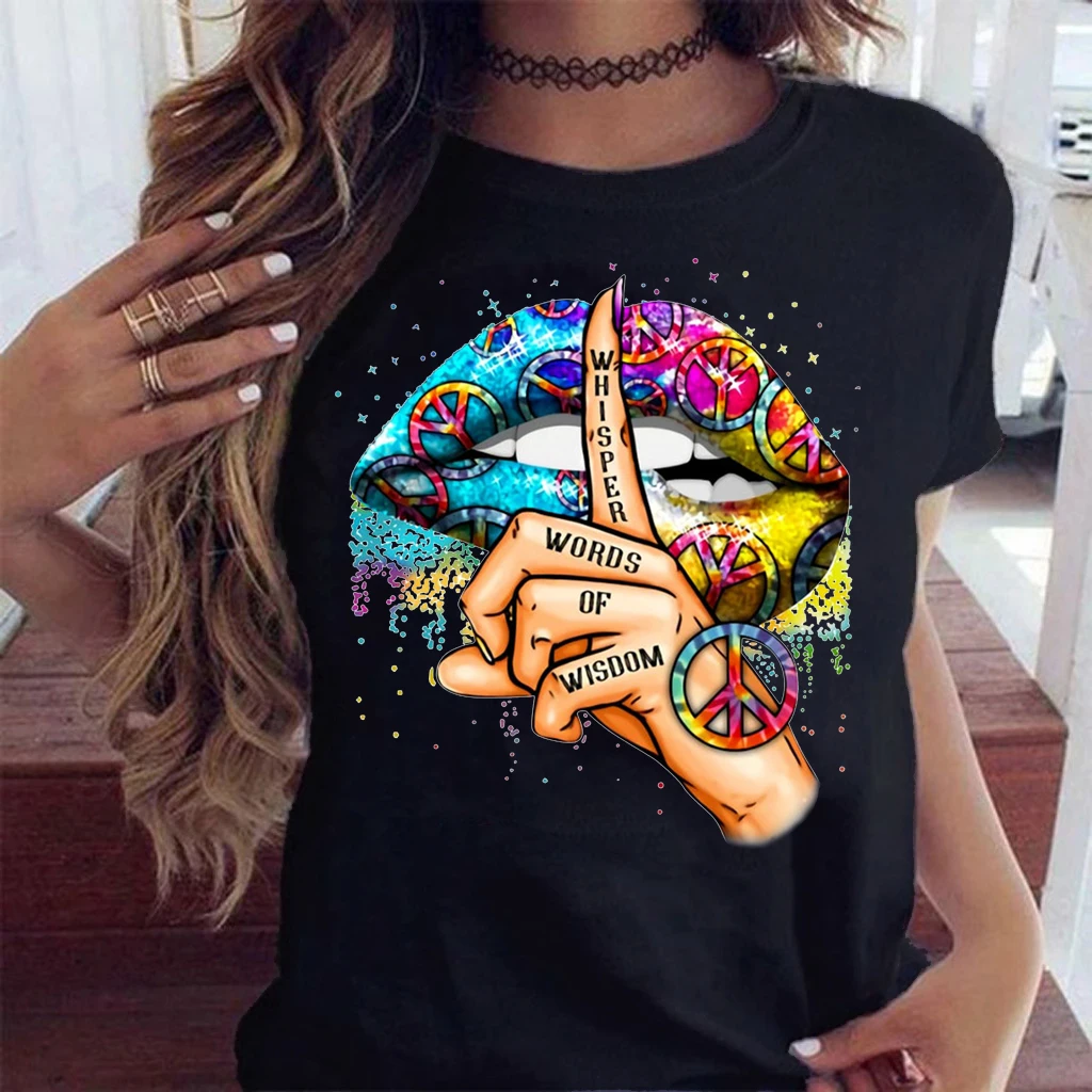 Women Tops O-neck Sexy Black Tees Kiss Lip Funny Summer Female Soft T Shirt Lips Watercolor Graphic T Shirt Top9180