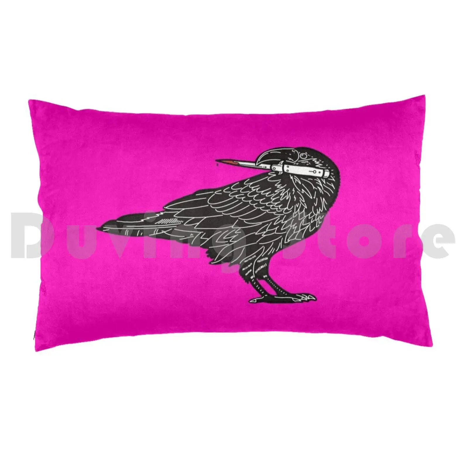 Pillow Case Macawbre Crow ( Without Text ) | Black White & Red Hat Macabre Crow Raven Knife