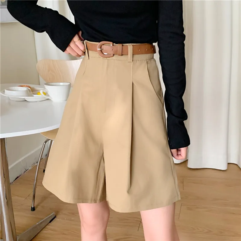 Pantalones cortos de algodón con cremallera para mujer, Shorts negros, coreanos, informales, de cintura alta, con bolsillos, combinan con todo,