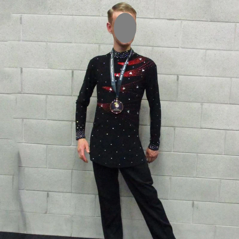 Latin Dance Shirts Men Black Long Sleeve Sequin Diamond Tops Male Ballroom Shirt Competition Performance Wear Customize DN2370