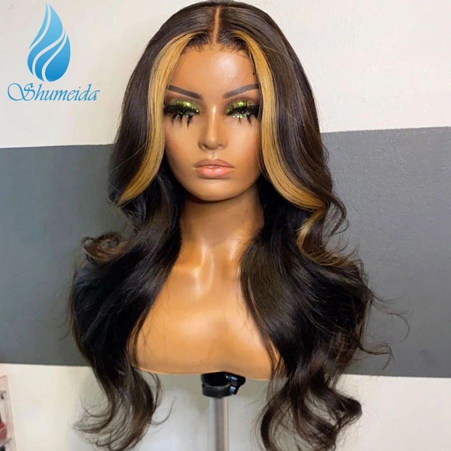 Shumeida Highlight 13*4 Lace Front Hair Wigs Body Wave Brazilian Remy Human Hair Glueless Wig With Baby Hair PrePlucked Hairline