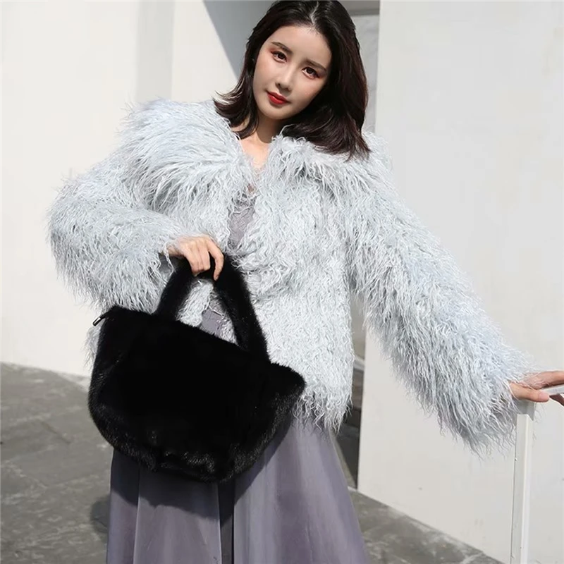 IANLAN New Deluxe Real Fur Basket Style Tote Bags Women Full-pelt Mink Fur Handbags Casual Black Shopping Bags IL00566