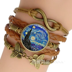 Van Gogh Bracelet Starry Night Art Jewelry Brown Leather Bracelet Men Women Fashion Glass Cabochon Chain Bracelet