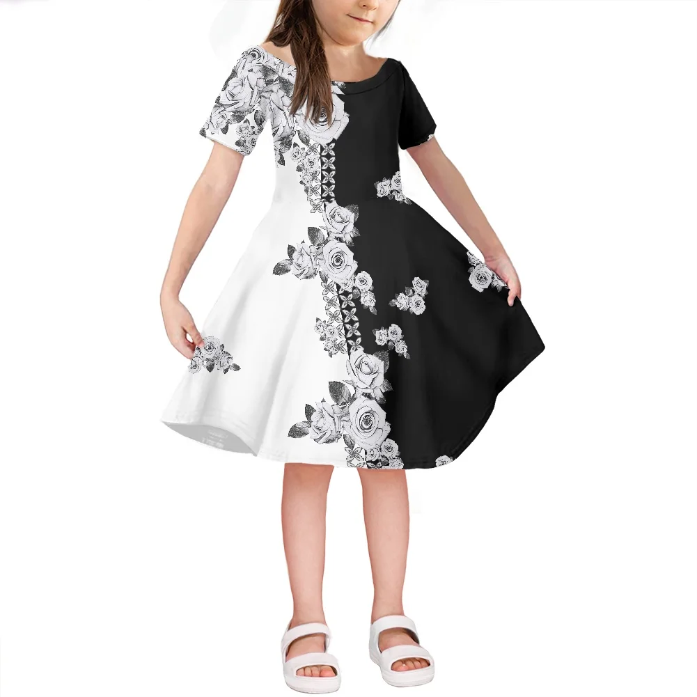 

2021 New Children's Clothing Hawaii Polynesia Tribal Hibiscus Print Girls Dress Round Neck Collar Short Sleeve Girls Swing Skirt