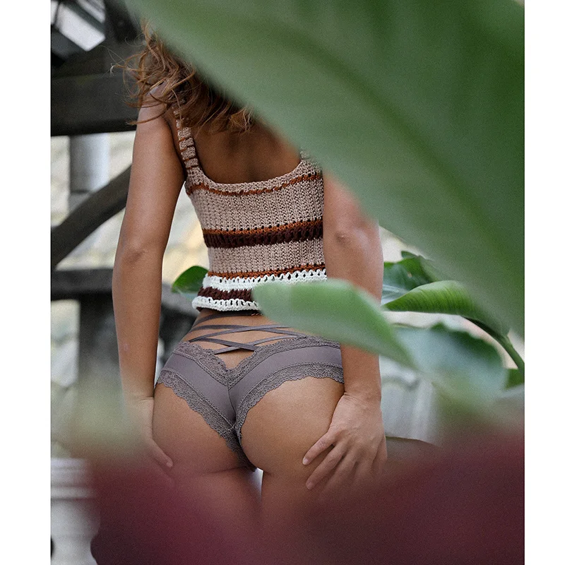 SP&CITY Back Crossing Bandage Hollow Out Sexy Panties Lace Edge Seamless Underwear Women Transparent Lingerie Solid Briefs Thong