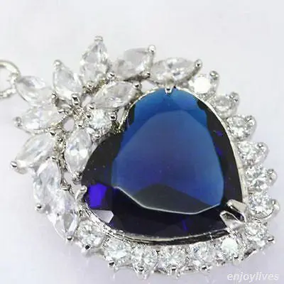 

DD Wholesale FREE SHIPPING Blue Cubic Zirconia Sapphire Heart White Gold Plated Crystal Pendant & Necklace