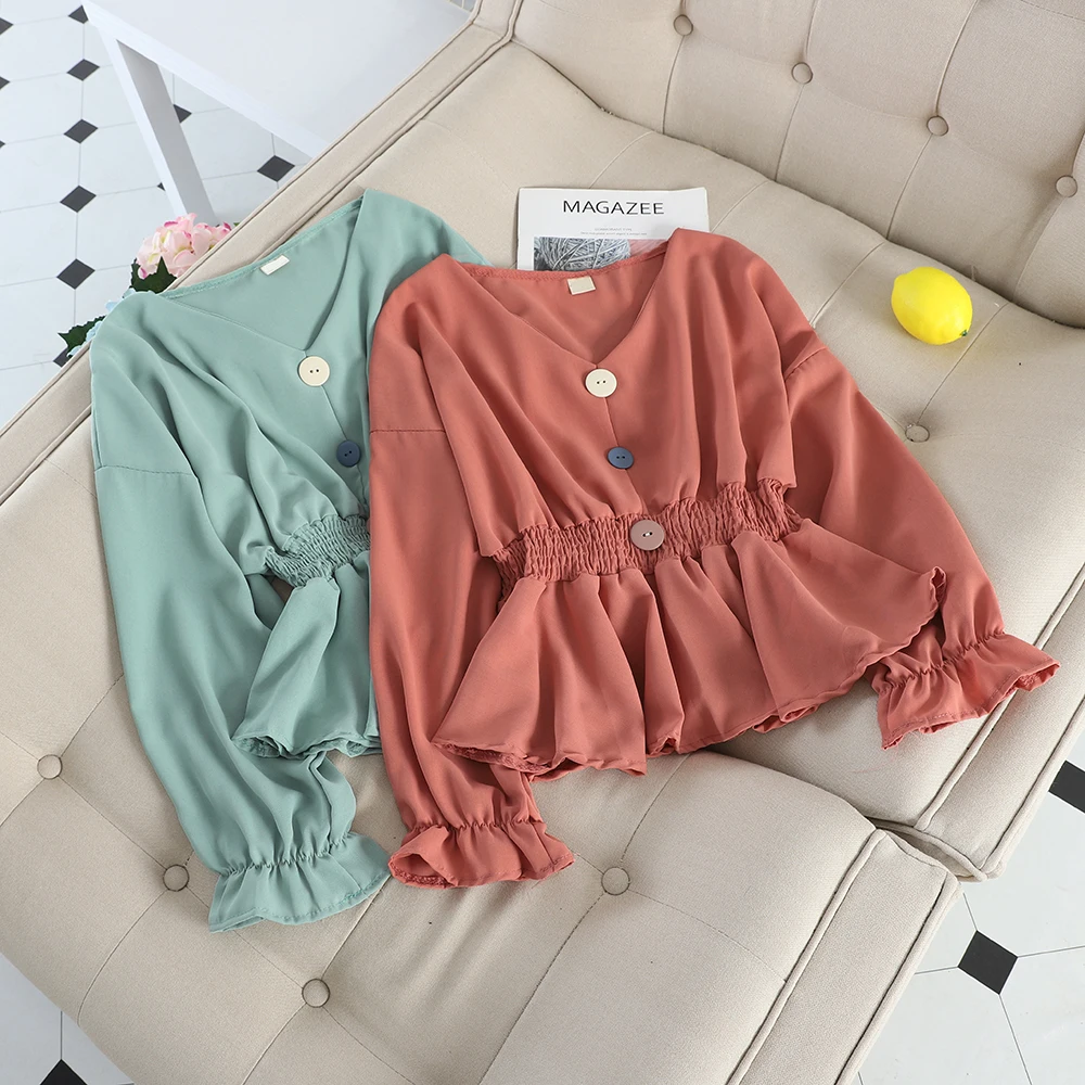 2024 Women Flare Sleeve V-Neck Basic Chiffon Ruffles Shirt Chic Lady Elastic Slim Cardigan Button Pleated Pullover Blouse Tops