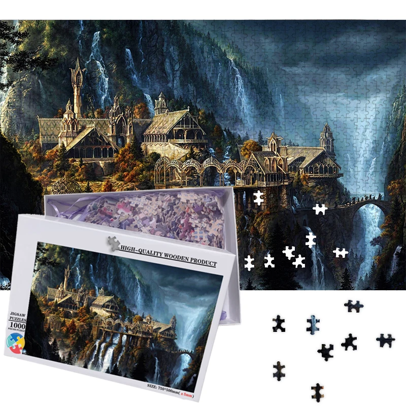 

MOMEMO The Elf Castle Plane 1000 Pieces Puzzles Wooden Jigsaw 50*75cm Size Fantasy Landscape for Adults Teens Puzzles Games Toys