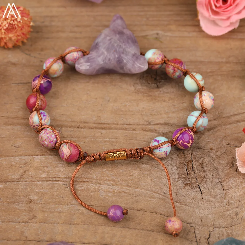 Natural Amethysts Roses Quartz Craved Wolf Head Beads Braided Adjustable Bracelets Women Stone Beads Woven Bracelet Dropship