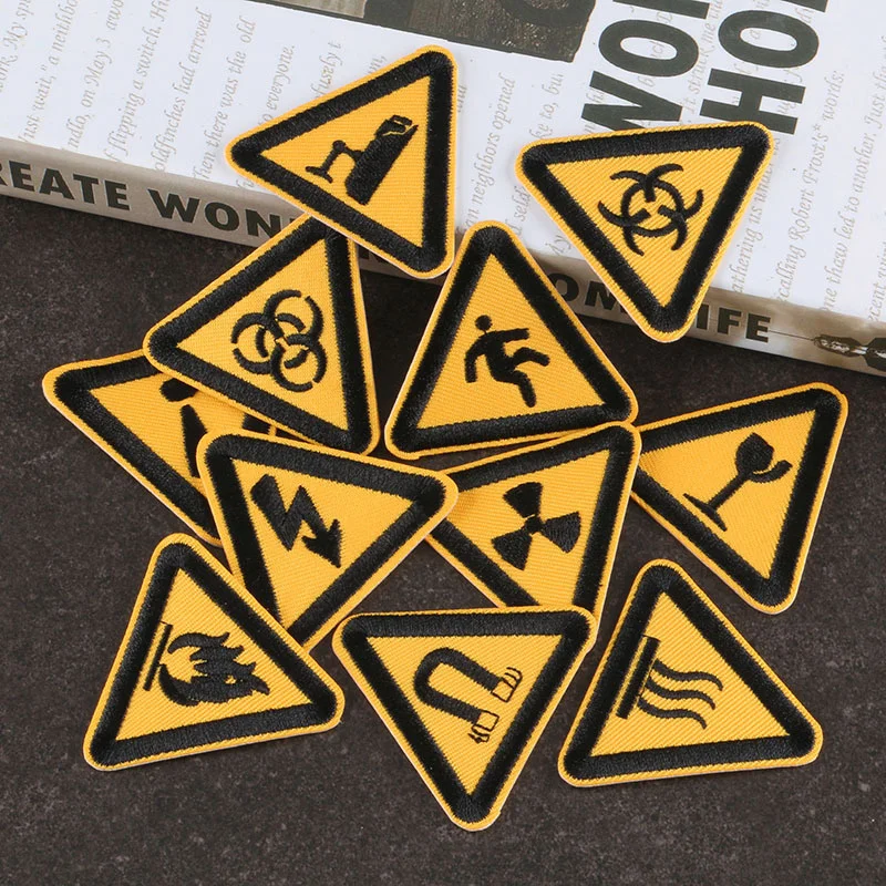 Yellow Triangle Fire Lightning Dangerous Sign Patch Embroidery sewing Ellow be safe Logo Iron on Applique DIY Fabric Sticker