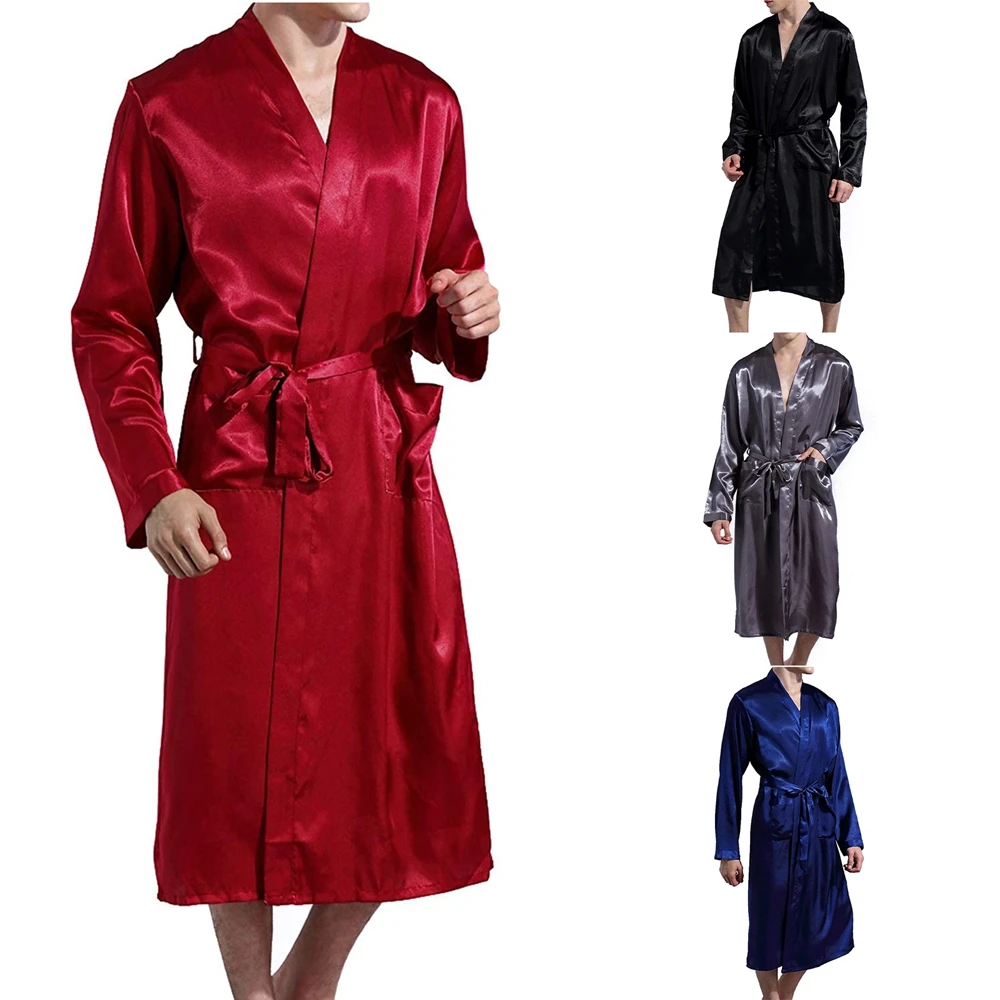 Men Classic Robes Twill Home Clothes Long Robes Pocket Imitation Silk Bathrobe Summer Autumn Sleep Lounge