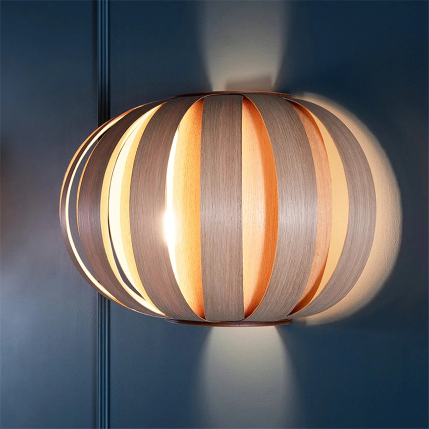 Nordic wood-skin semi-circular wall lamps bedroom study hotel corridor Japanese dining room art deco sconces lights fixtures