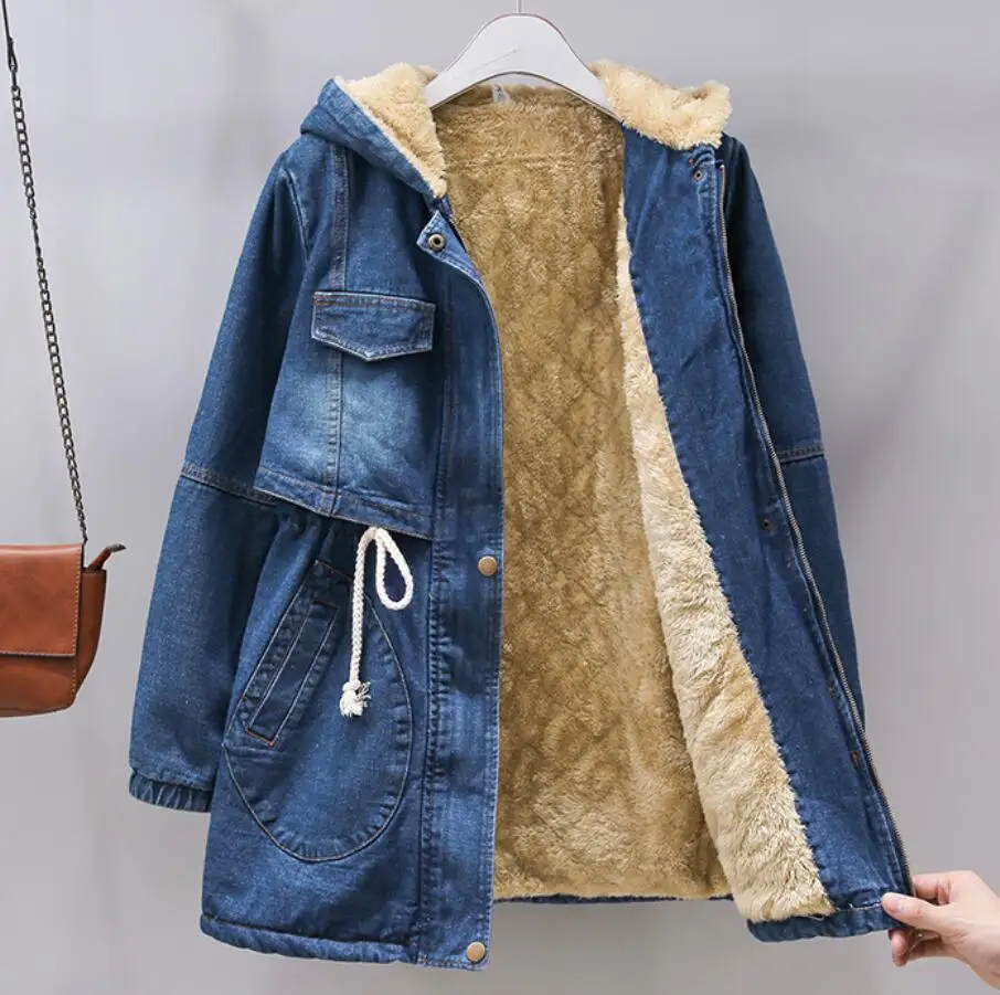 

2020 autumn winter Denim Coat Women Casual Loose Hooded Thicken Warm Long Padded Cotton Parkas jean jacket r1258