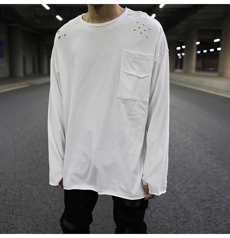 

European and American high street style pockets without edge sleeves loose solid color bottoming shirt street hip-hop cotton lon