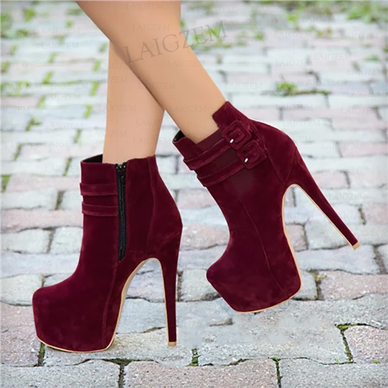 SEIIHEM Women Ankle Platform Boots Faux Suede Zip Up Thin High Heels Booties Party Unisex Shoes Woman Large Size 42 44 50 52