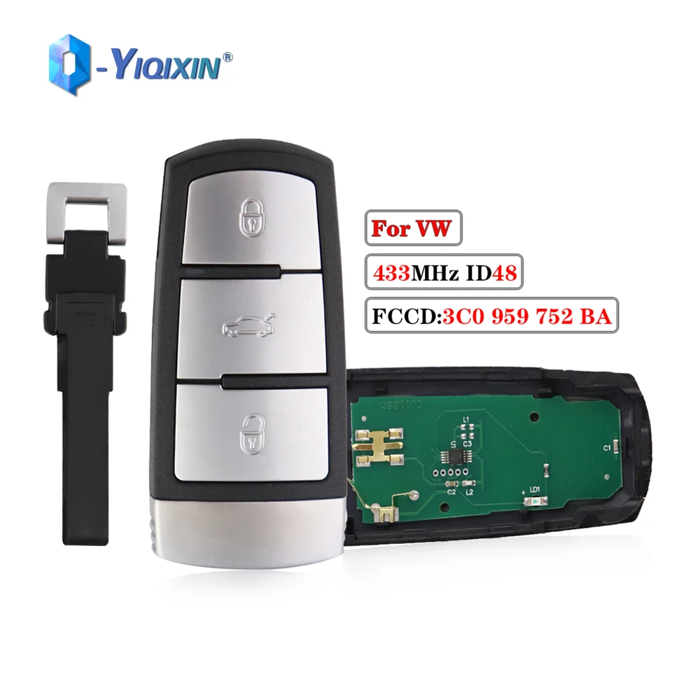 

YIQIXIN Keyless Entry 3C0959752BA Uncut Smart Remote Fob 433MHZ ID48 Chip For Volkswagen VW Passat CC B6 3C B7 Magotan Car Key