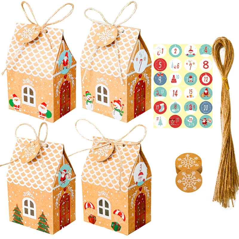 24 Sets Christmas House Gift Box Kraft Paper Cookies Candy Bag Snowflake Tags Advent Calendar Stickers Hemp Rope Party Suppiles