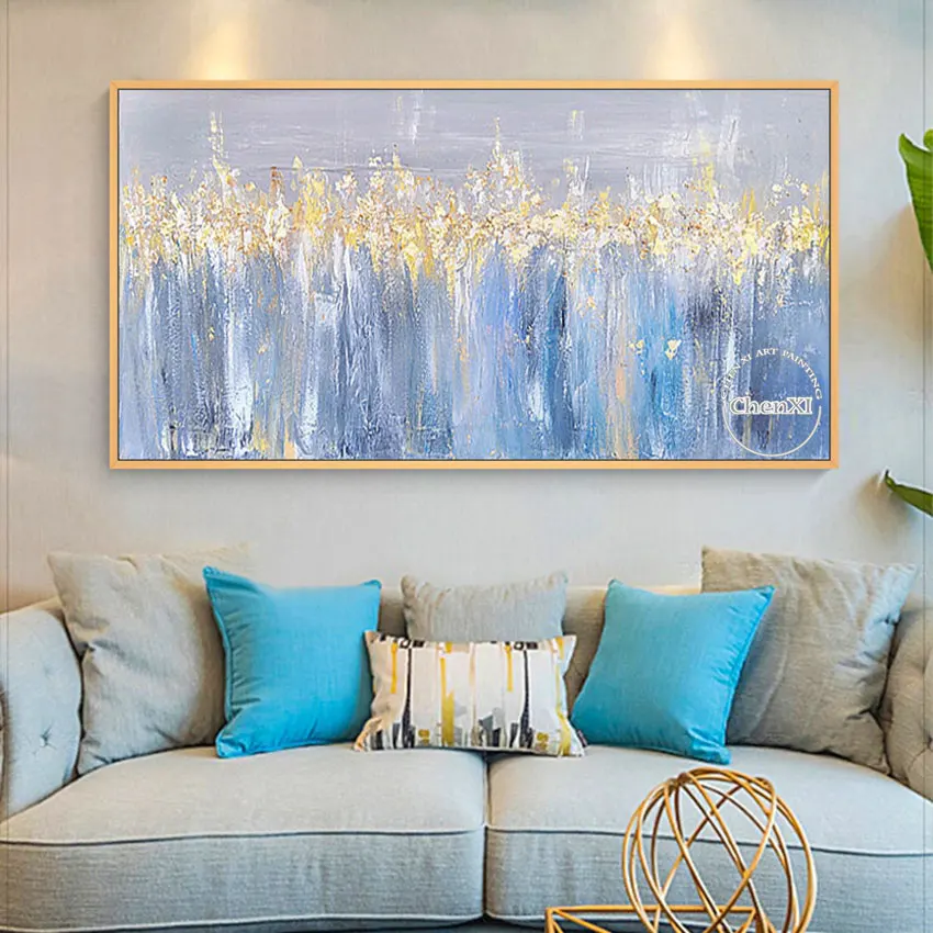 

Frameless Handmade Abstract Oil Painting, Picture for Apartment the Corridor, Blue and Yellow Canvas Wall Poster, New Arrival