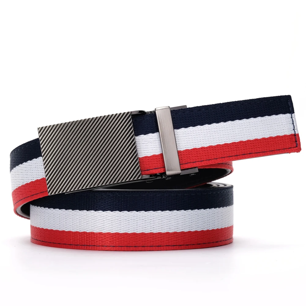 Fashion Men\'s Casual Striped Cloth Fabric Canvas Auotomatic Leather Ratchet Belt Strap Leather Red White Blue Mixed Color Belt