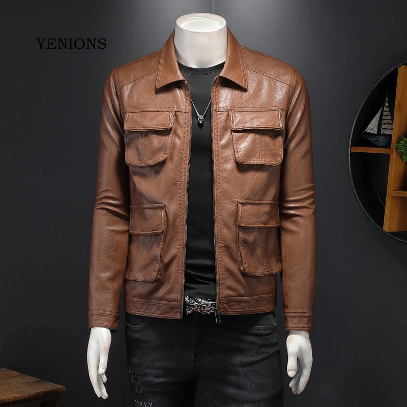 Spring Leather Jacket Men Coat Brand Clothing Turndown Collar Multi-Pocket Zipper Slim PU Fashion Motorcycle Biker Black Outwear