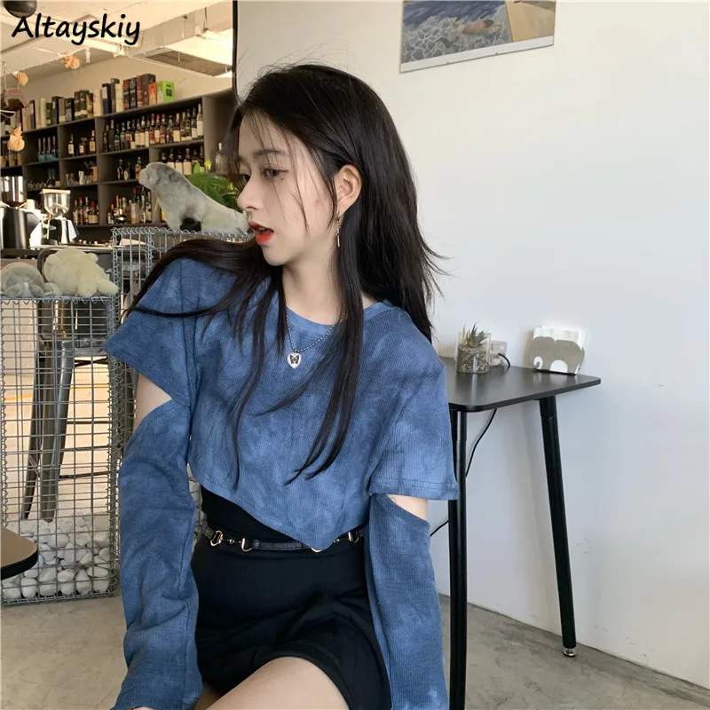 Tie Dye t-shirty damskie niebieski odpinany rękaw modny koreański styl Chic Club Streetwear popularny damski krótki Top Ins Sexy Slim przytulny