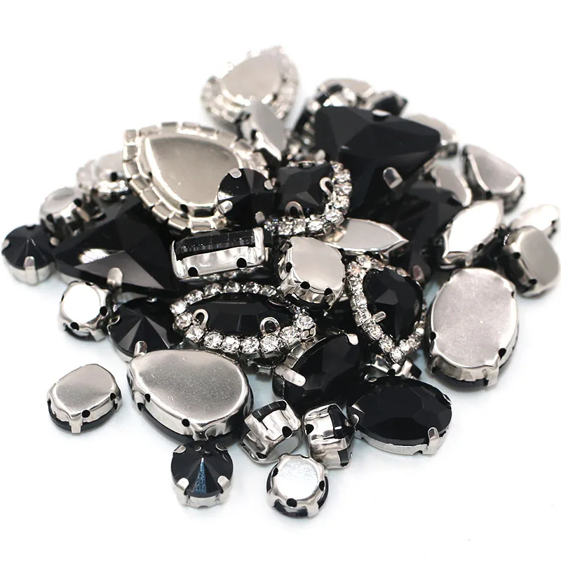 50pcs/Bag Black Mixed Shape Sew on Glass Rhinestone Silver Claw and Crystal Buckle Diy Wedding Decoration Clothes/Shoe/Dress