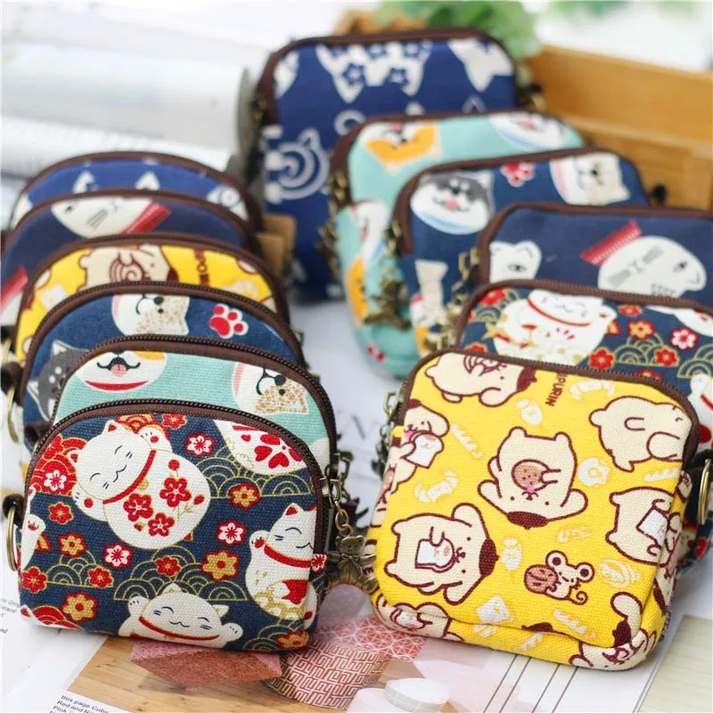 Retro Cat Small Canvas Mini Bag Women Coin Purses Kawaii Short Wallet Girls Purse Card Bags Womens Hand Purses for Ladies Kids