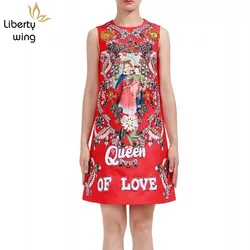 Brand Designer Women Summer Sleeveless Party Red Crystal Tank Dress Elegant Ladies Runway Vintage Printed Mini Sequin Dresses