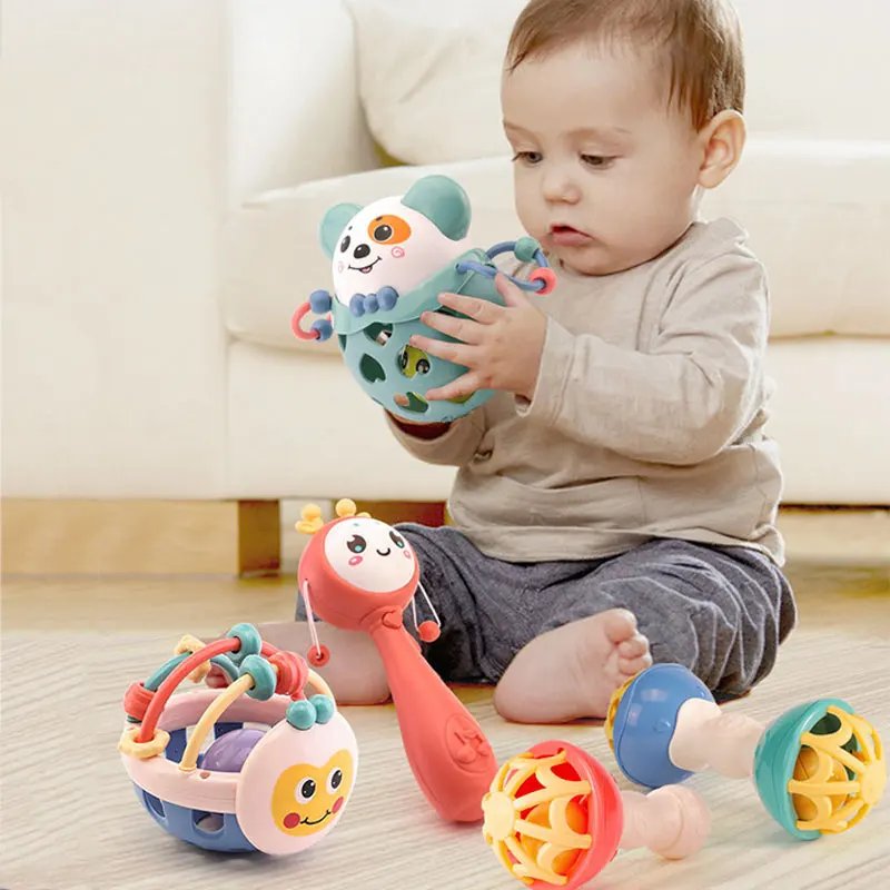 Babys pielzeug 0 12 Monate rotierende Rassel kugel Hand glocke Silikon Beißring Säuglings aktivität greifen sensorische Bälle Baby Entwicklungs spielzeug