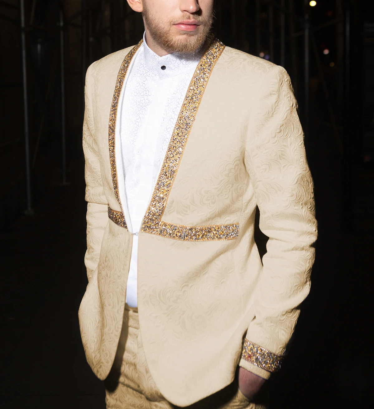 Men Suits Groom Terno Masculino Printed Sequins 2 pieces Blazer Tuxedo For Wedding Groom Banquet Suit (Jacket+Pants)