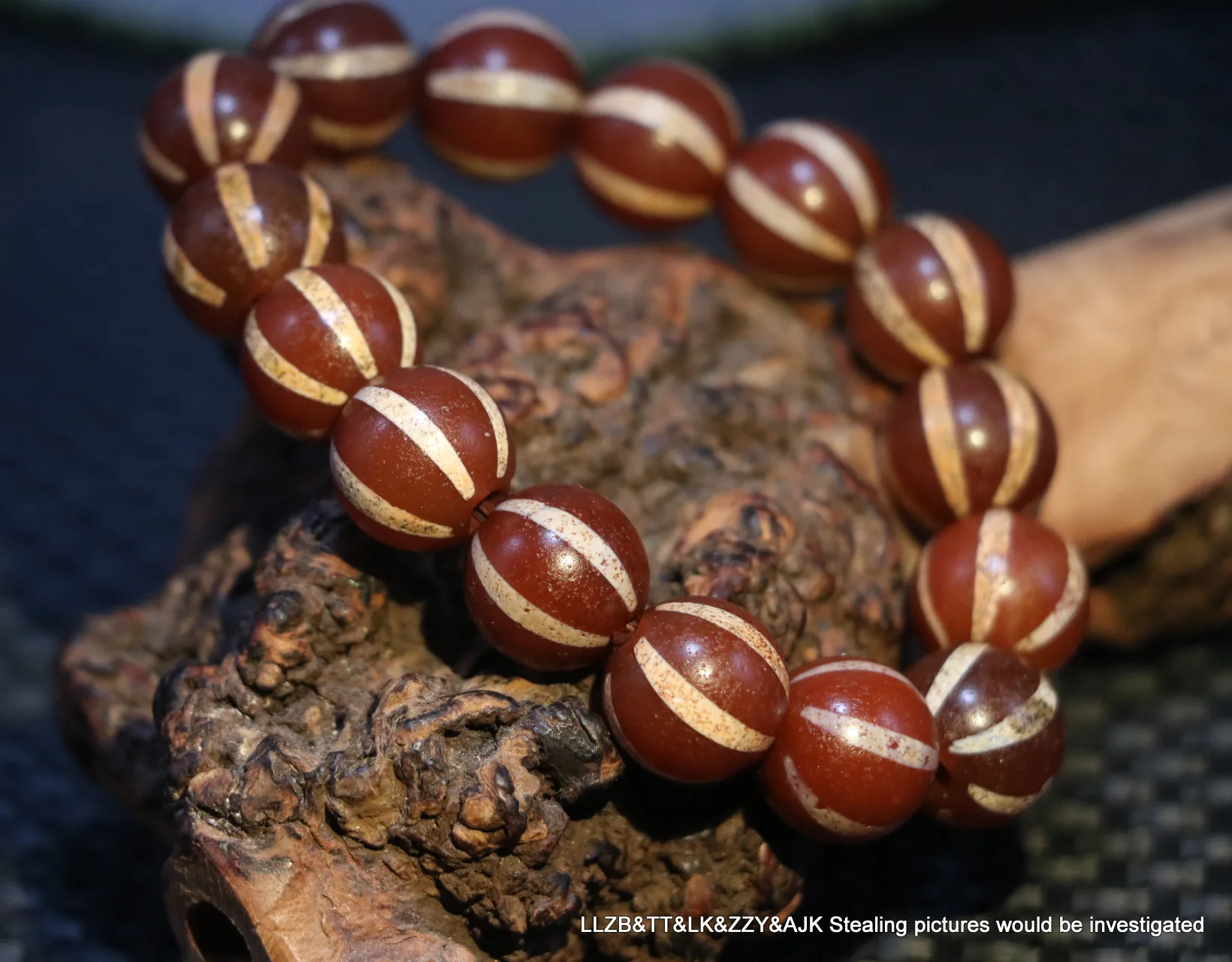 Collectible LKbrother Sauces Ultra Energy Tibetan Old Agate West Asia stripe Style dZi Bead Bracelet Amulet UP20