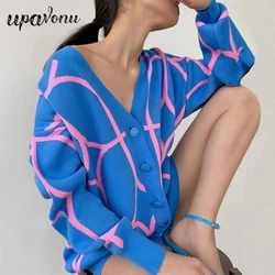 Women's Casual Oversized Cardigan Knitted 2023 Fall New V-neck Lantern Long Sleeve Single-breasted Printed Knit