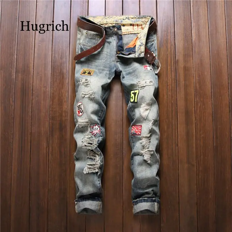 

2021 Jeans Men Fashion Stonewashed Straight Badge To Hole In Full Length Mid Patches Zipper