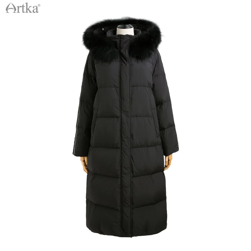 ARTKA 2021 Winter New Women Down Coat Fashion Casual 90% White Duck Down Coat Long Hooded Fur Collar Black Warm Coats YK20011D