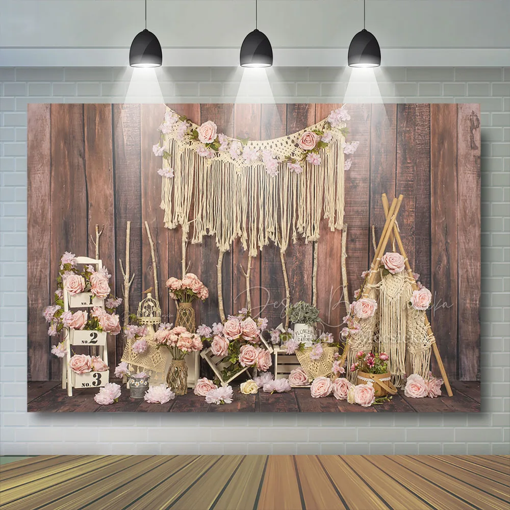 

Spring Wooden Wall Kids Photography Backdrop Tent Flower Decor Cake Smash Photocall Props Child Baby Shower Newborn Photostudio