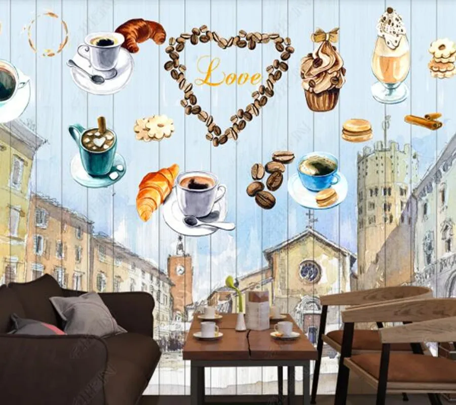 

Papel de parde Watercolor hand drawn coffee and landscape 3d wallpaper,beer house kitchen mural