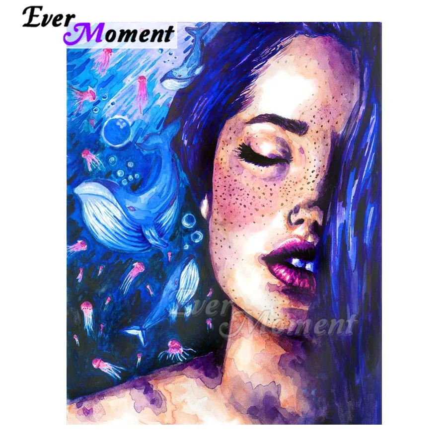 Ever Moment Diamond Painting Handmade Woman Blue Hair Sea Freckle Needlework Artwork Hobby 5D DIY Diamond Embroidery ASF1900