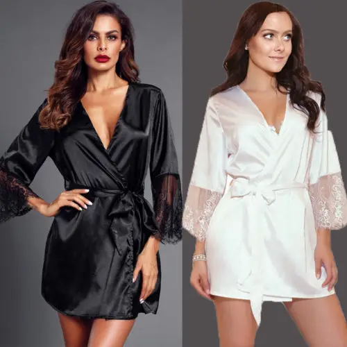 Summer Hot Sale Quarter Kimono Robe Women Fashion Sexy Solid Patchwork Lace Casual Sleepwear Sex V Neck Short Nightdress