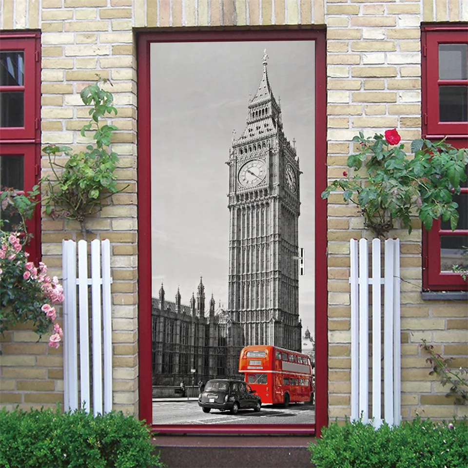 Red Car Bus 3D Door Sticker Peel & Stick Vinyl Poster Removable Wallpaper Living Room Bedroom Decoration Wall Decal Home Decor