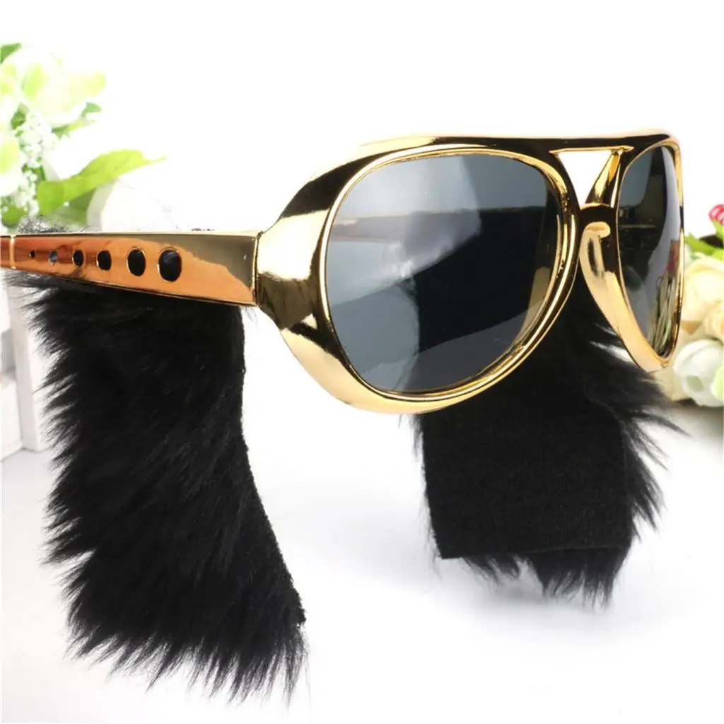 Novelty Gold Sunglasses Funny Beard Glasses 70s Disco Costume Presley Props Funny Disguise Glasses with Sideburns Party Favor