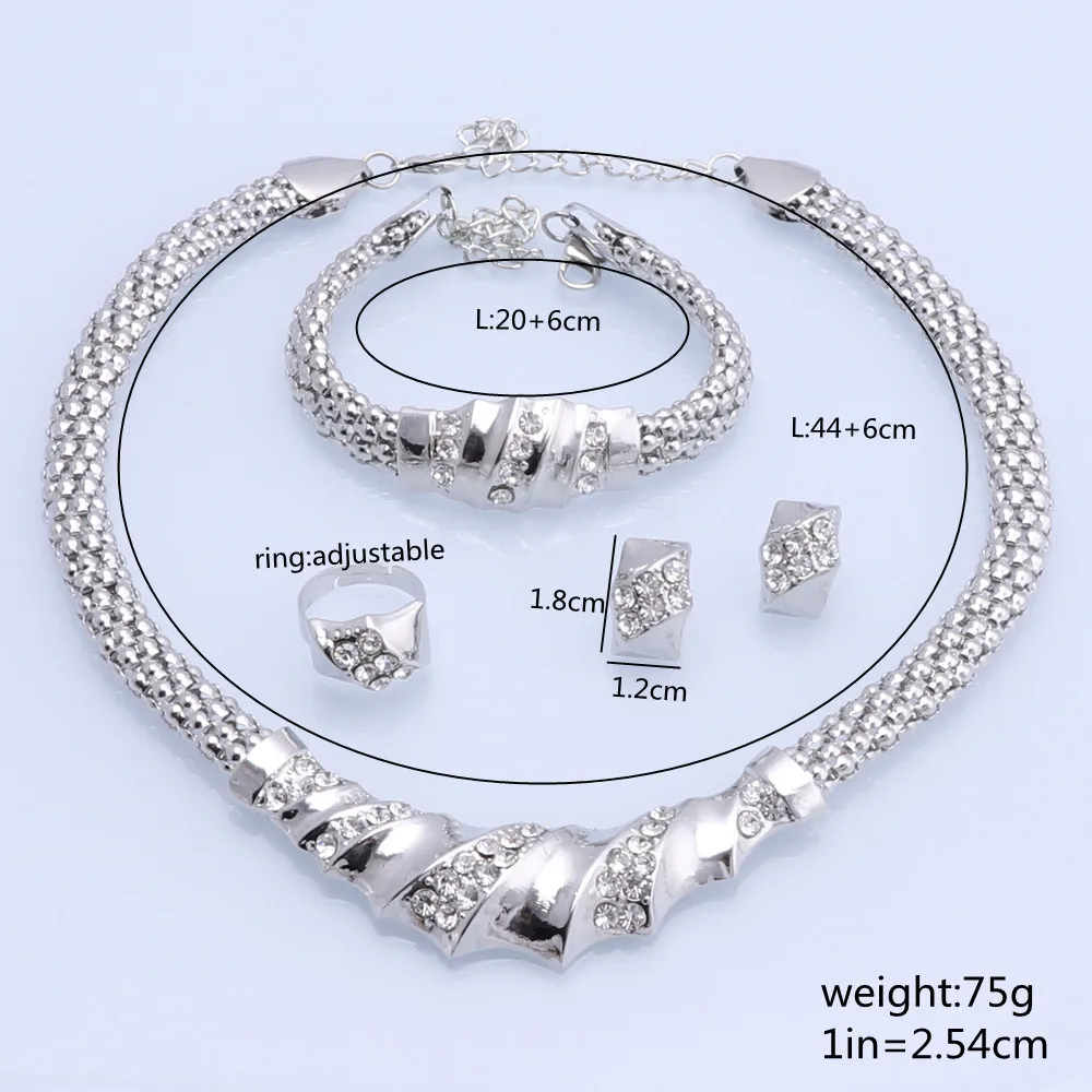 Silver Color Charming Fashion Romantic Bridal Fashion Necklace Earrings Bracelet Ring Crystal Vintage Women Costume Jewlery Sets