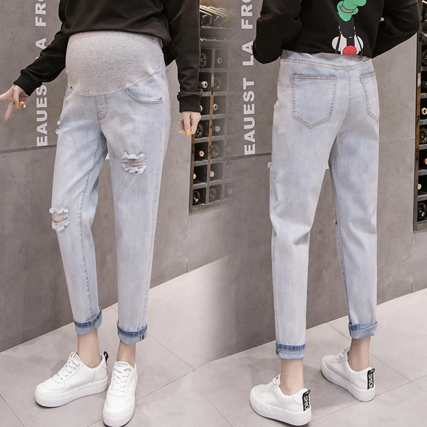 Fashionable pregnant women denim nine-point pants trousers stretch elastic loose pregnant women stomach lift denim pants